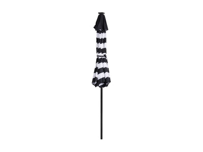 Striped white and black 9ft patio umbrella with LED lights and tilting feature, providing stylish outdoor shade and ambiance.