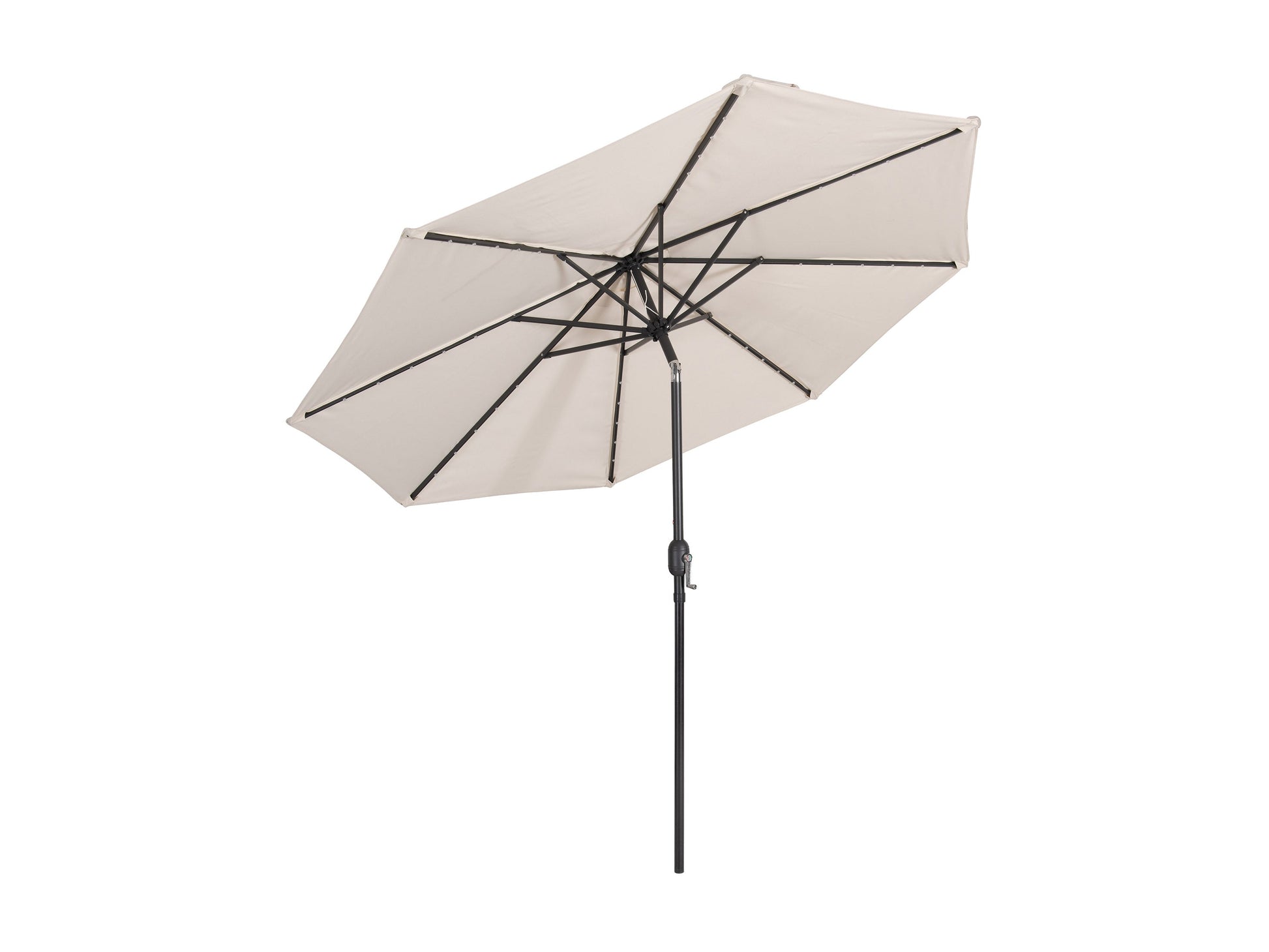 Off-white 9ft patio umbrella with tilting feature and built-in LED lights, providing shade and ambiance for outdoor spaces, featuring a sturdy metal pole and weather-resistant fabric.