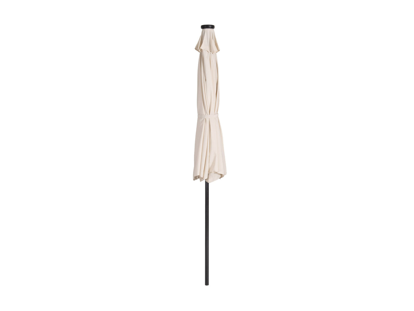 Off-white 9ft patio umbrella with tilting feature and built-in LED lights, providing shade and ambiance for outdoor spaces, featuring a sturdy metal pole and weather-resistant fabric.