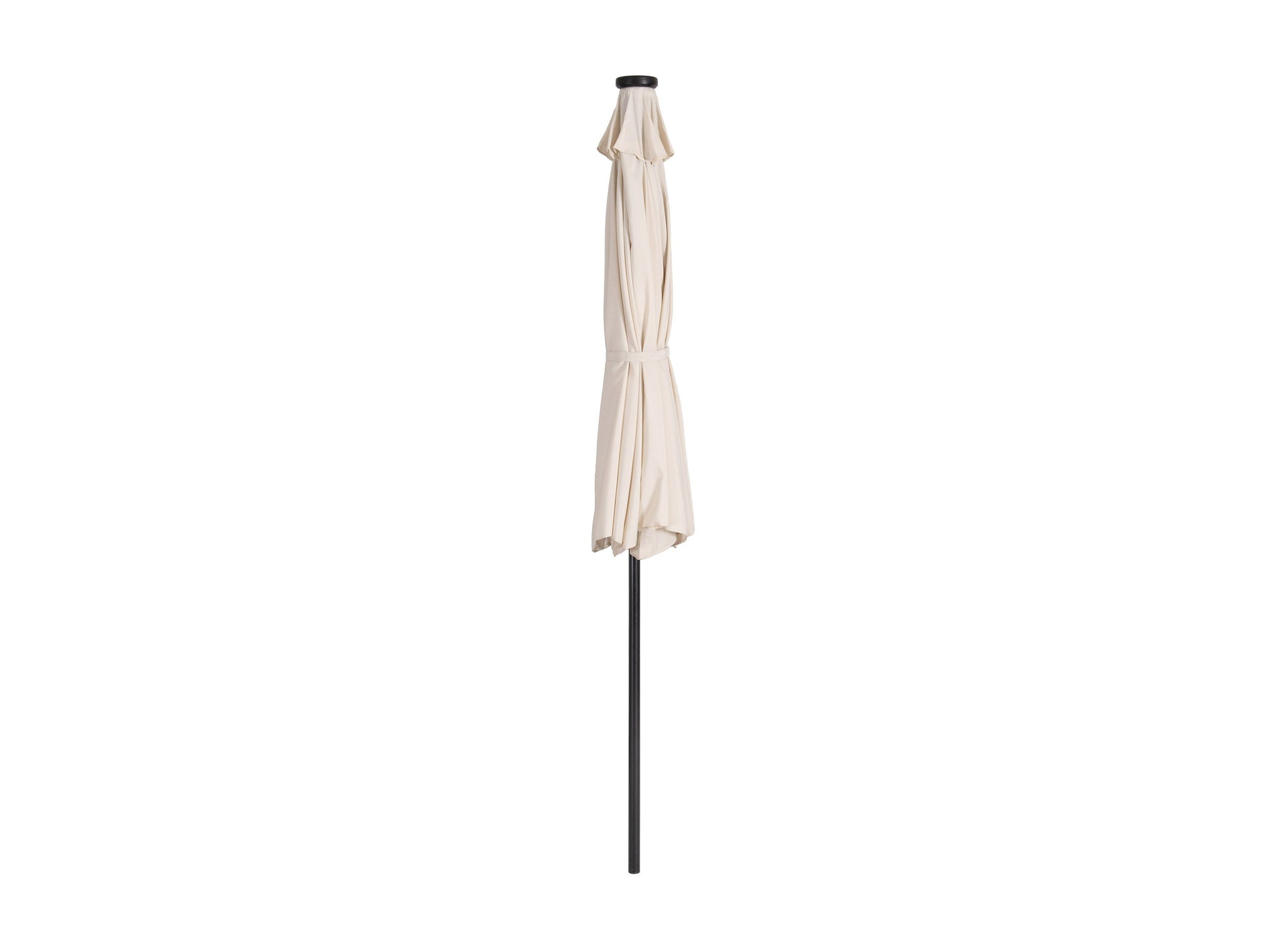 Off-white 9ft patio umbrella with tilting feature and built-in LED lights, providing shade and ambiance for outdoor spaces, featuring a sturdy metal pole and weather-resistant fabric.