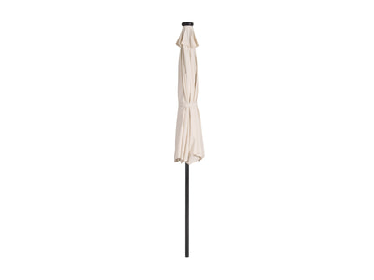 Off-white 9ft patio umbrella with tilting feature and built-in LED lights, providing shade and ambiance for outdoor spaces, featuring a sturdy metal pole and weather-resistant fabric.
