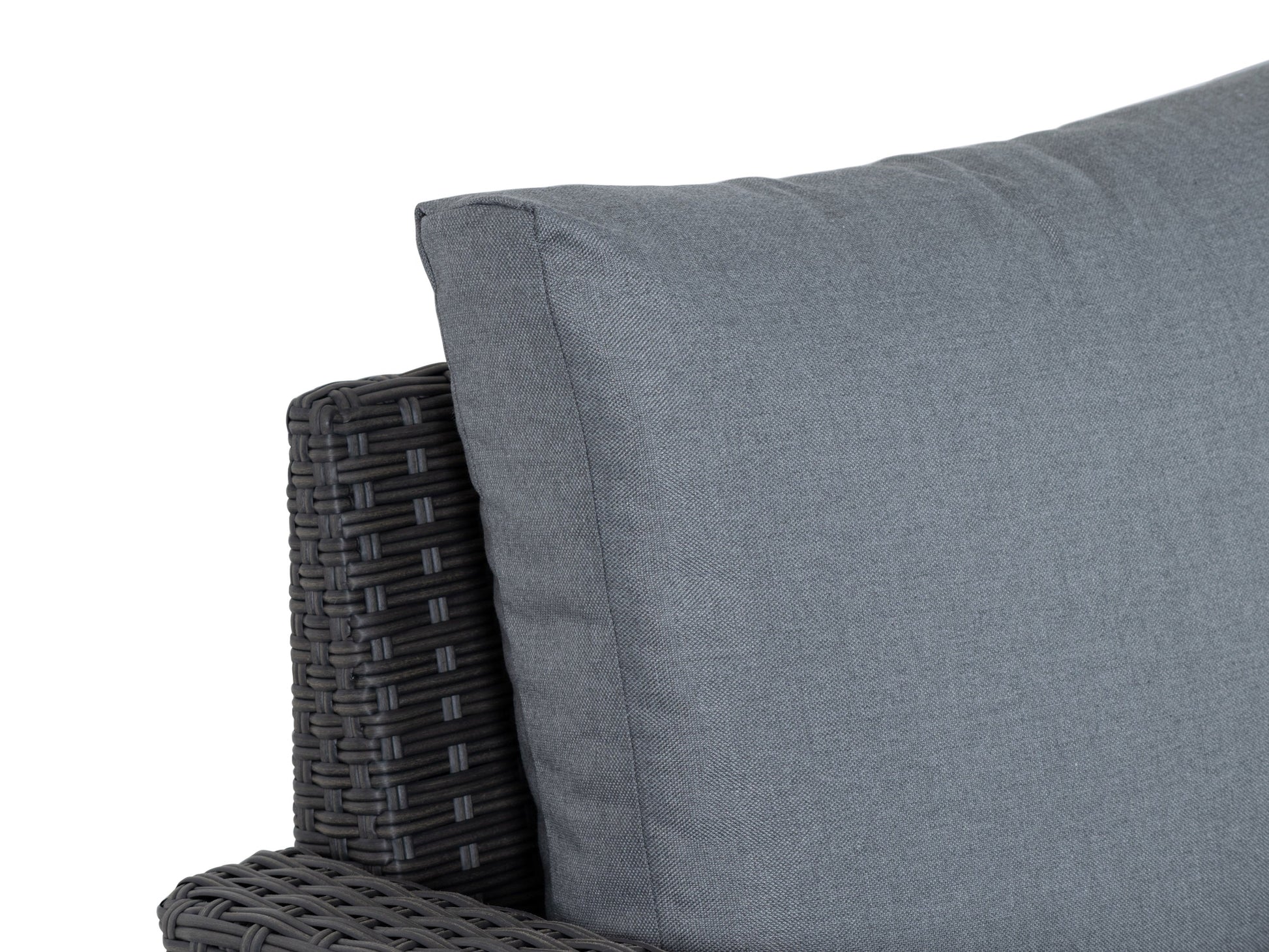 Outdoor sectional patio chair with left armrest in grey. Features weather-resistant fabric, sleek metal frame, and plush cushions for comfort. Ideal for modern outdoor spaces.