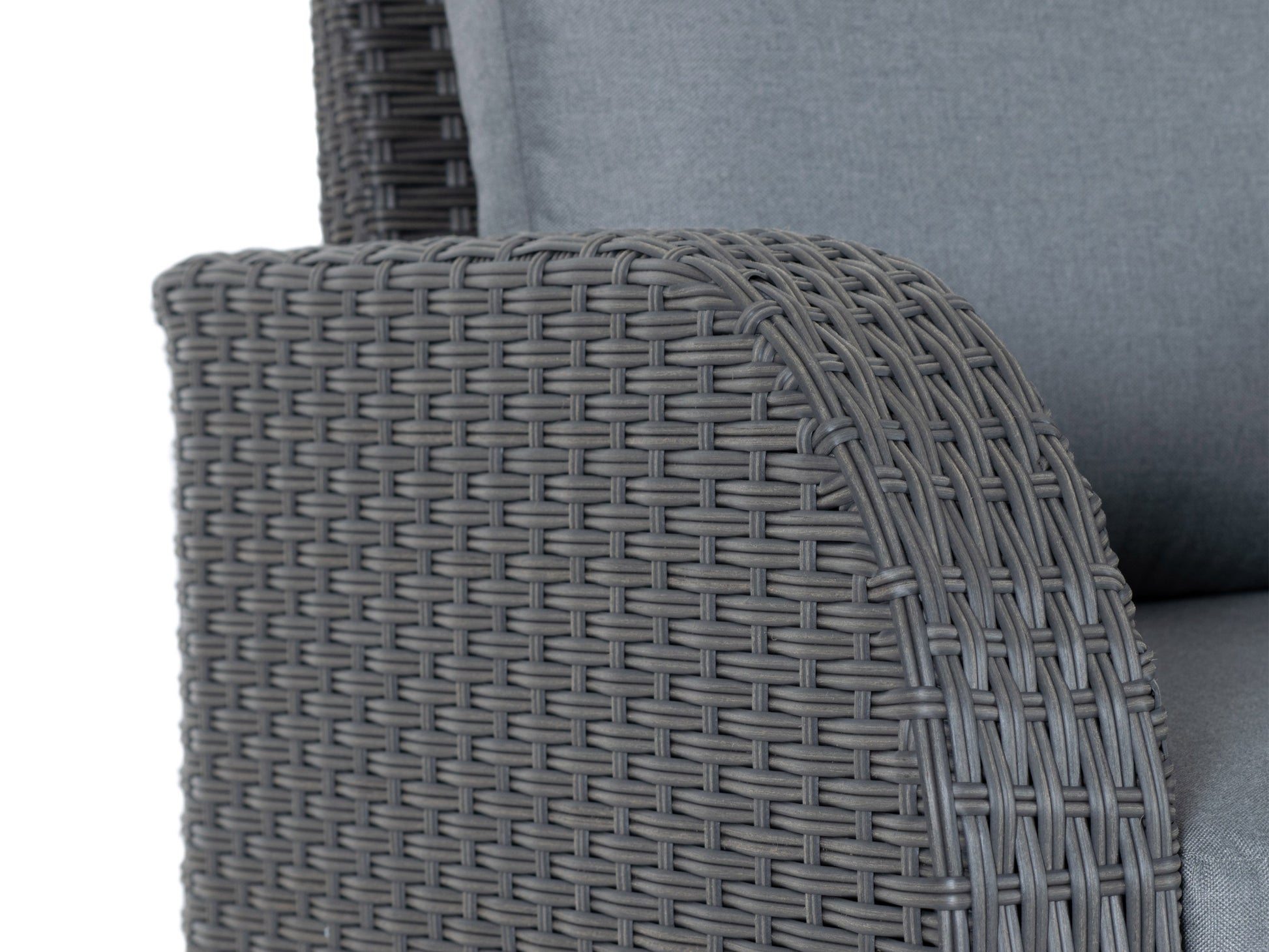 Outdoor sectional patio chair with left armrest in grey. Features weather-resistant fabric, sleek metal frame, and plush cushions for comfort. Ideal for modern outdoor spaces.