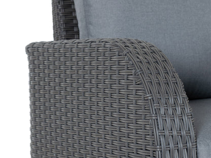 Outdoor sectional patio chair with left armrest in grey. Features weather-resistant fabric, sleek metal frame, and plush cushions for comfort. Ideal for modern outdoor spaces.