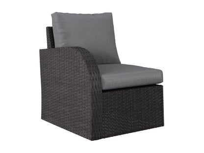 Outdoor sectional patio chair with left armrest in grey. Features weather-resistant fabric, sleek metal frame, and plush cushions for comfort. Ideal for modern outdoor spaces.