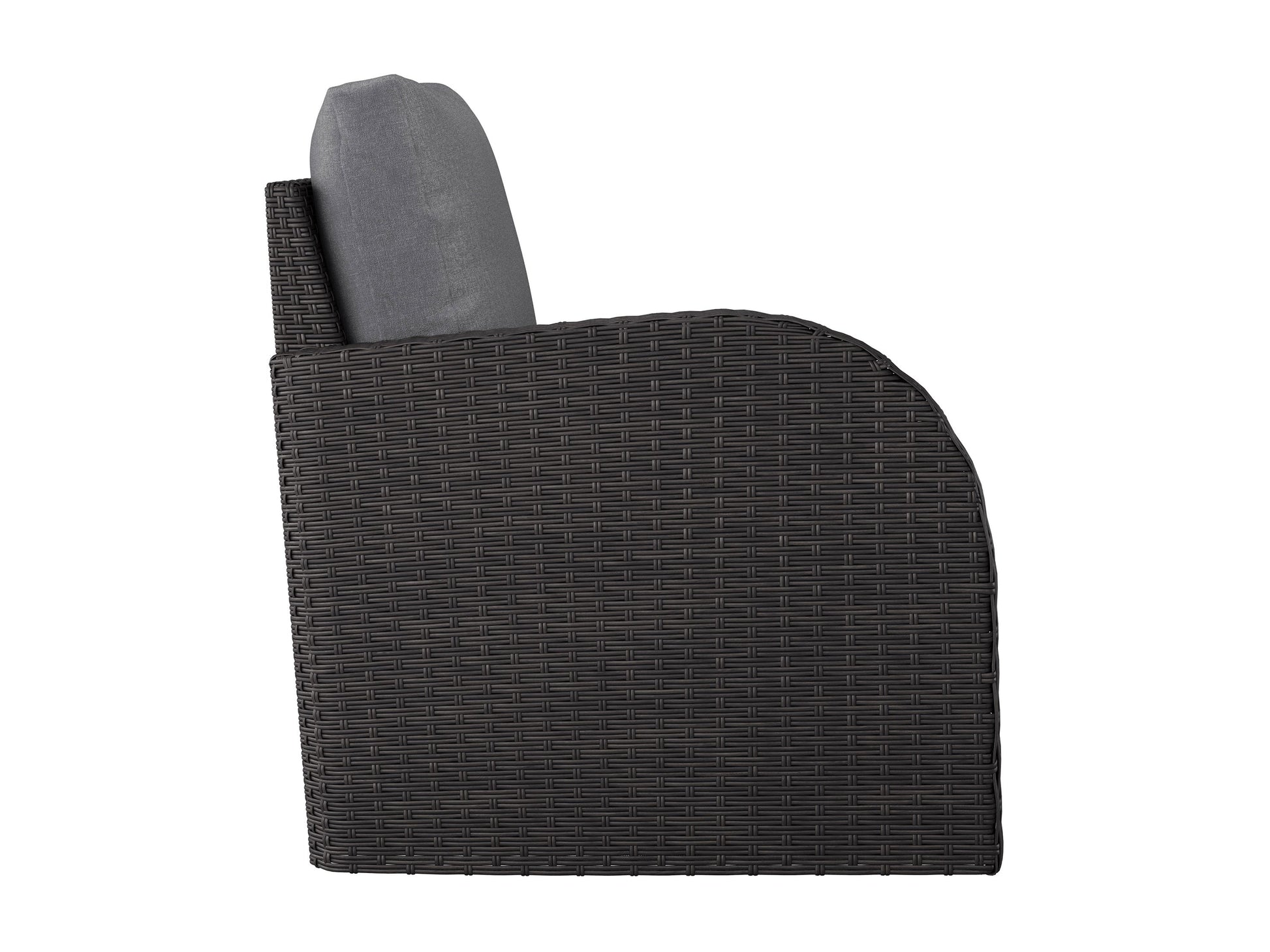Outdoor sectional patio chair with left armrest in grey. Features weather-resistant fabric, sleek metal frame, and plush cushions for comfort. Ideal for modern outdoor spaces.