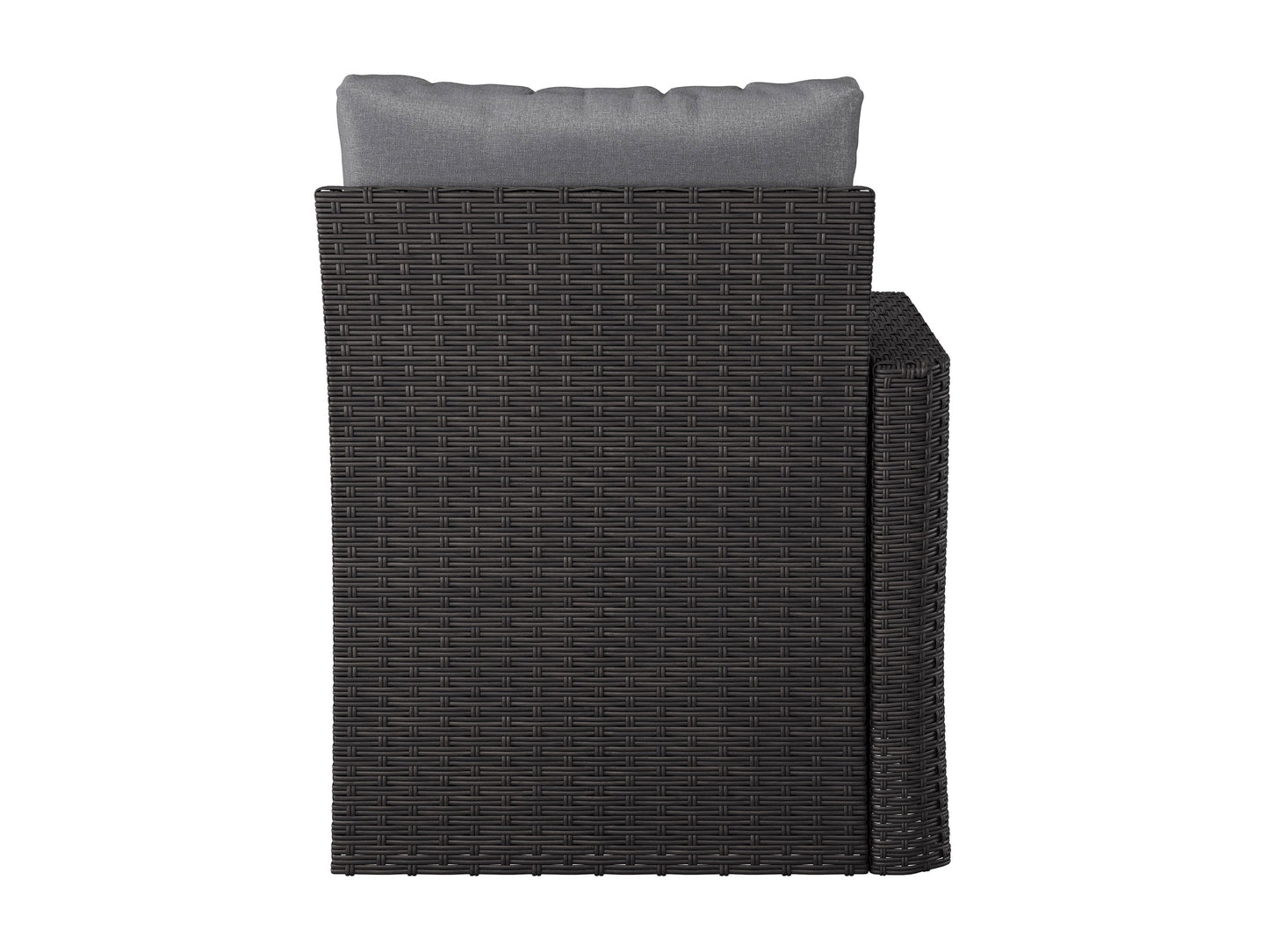 Outdoor sectional patio chair with left armrest in grey. Features weather-resistant fabric, sleek metal frame, and plush cushions for comfort. Ideal for modern outdoor spaces.