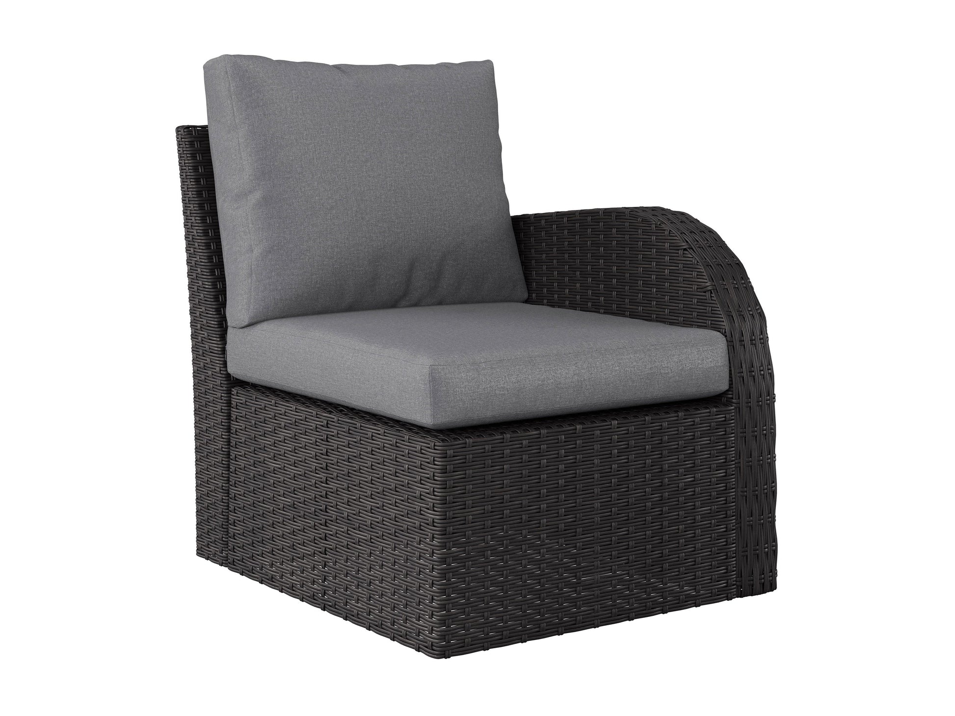 Outdoor grey patio sectional chair with right armrest, featuring durable weather-resistant fabric, sleek aluminum frame, and plush cushions for ultimate comfort and style in outdoor living spaces.