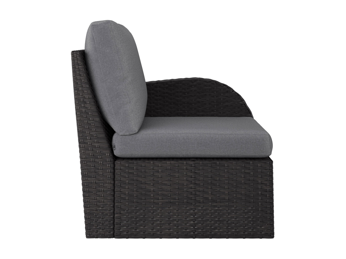 Outdoor grey patio sectional chair with right armrest, featuring durable weather-resistant fabric, sleek aluminum frame, and plush cushions for ultimate comfort and style in outdoor living spaces.
