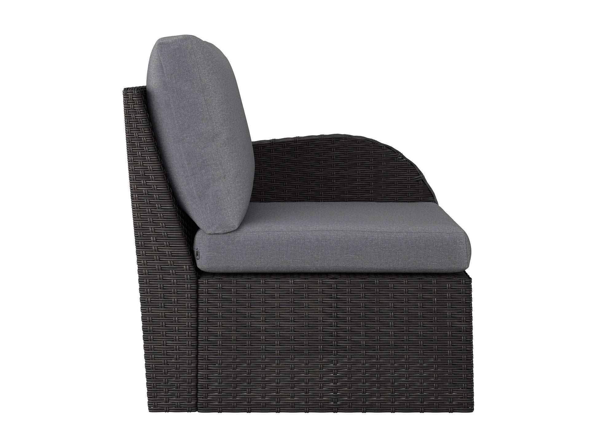 Outdoor grey patio sectional chair with right armrest, featuring durable weather-resistant fabric, sleek aluminum frame, and plush cushions for ultimate comfort and style in outdoor living spaces.