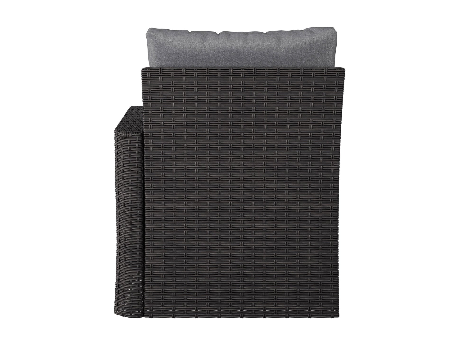 Outdoor grey patio sectional chair with right armrest, featuring durable weather-resistant fabric, sleek aluminum frame, and plush cushions for ultimate comfort and style in outdoor living spaces.