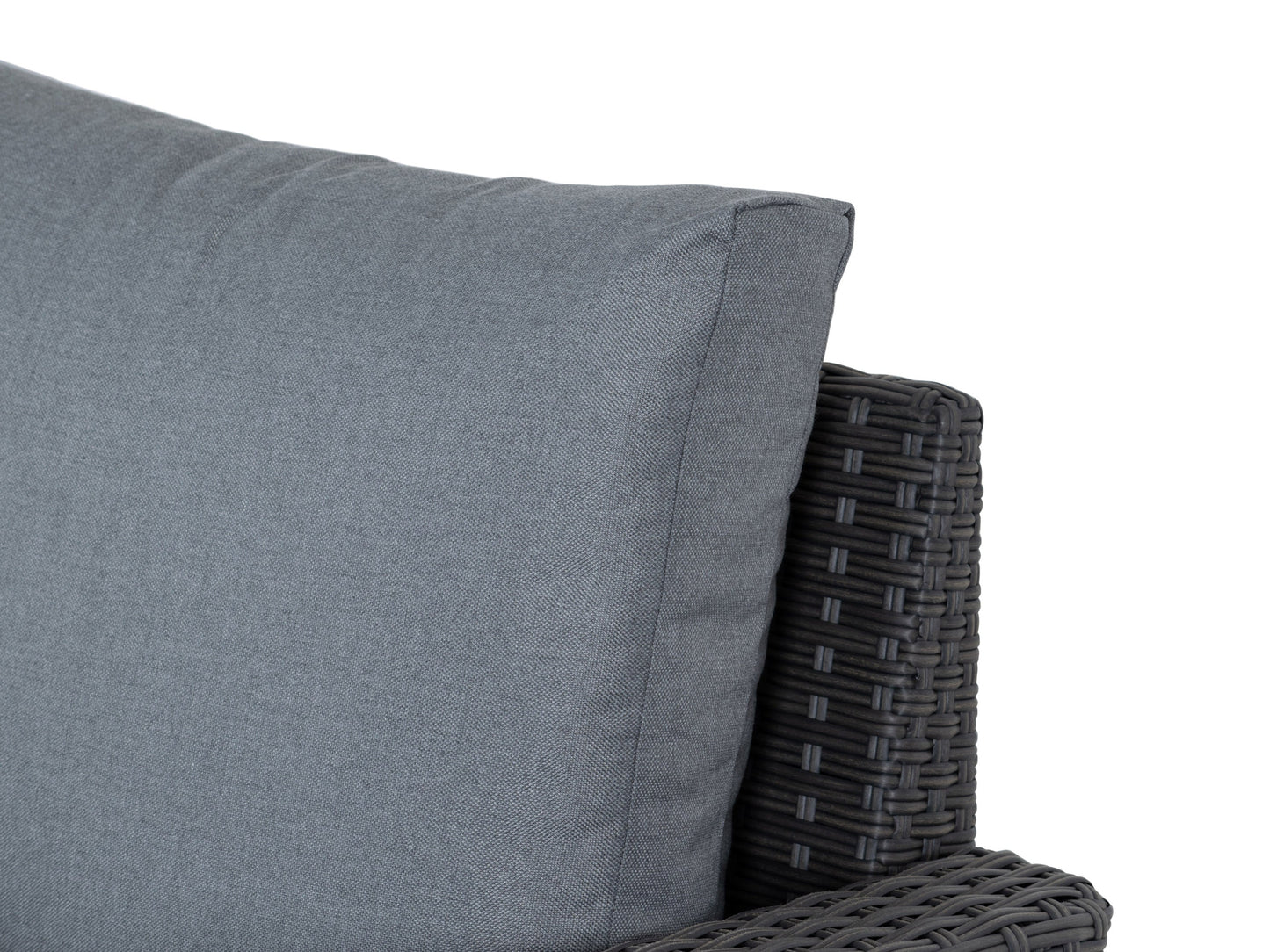 Grey outdoor wicker patio chair with curved armrests, sturdy aluminum frame, and comfortable cushion. Ideal for garden or balcony seating, featuring weather-resistant wicker and sleek, modern design.