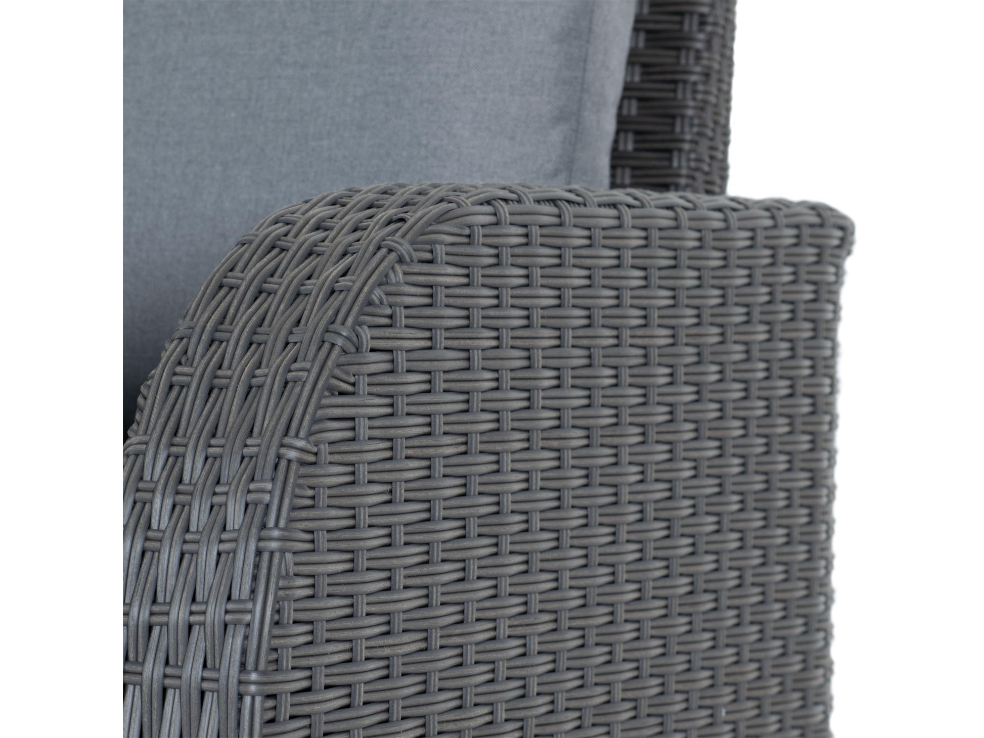 Grey outdoor wicker patio chair with curved armrests, sturdy aluminum frame, and comfortable cushion. Ideal for garden or balcony seating, featuring weather-resistant wicker and sleek, modern design.