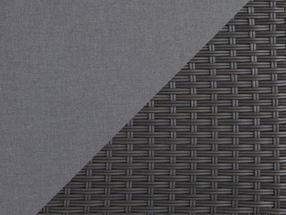 Grey outdoor wicker patio chair with curved armrests, sturdy aluminum frame, and comfortable cushion. Ideal for garden or balcony seating, featuring weather-resistant wicker and sleek, modern design.
