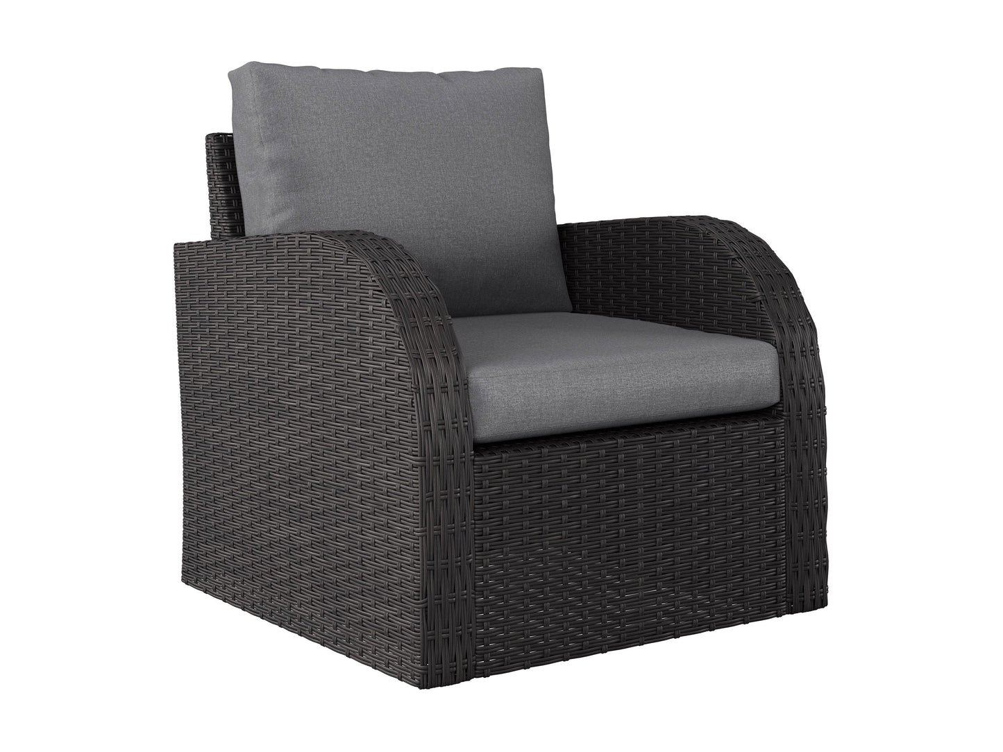 Grey outdoor wicker patio chair with curved armrests, sturdy aluminum frame, and comfortable cushion. Ideal for garden or balcony seating, featuring weather-resistant wicker and sleek, modern design.