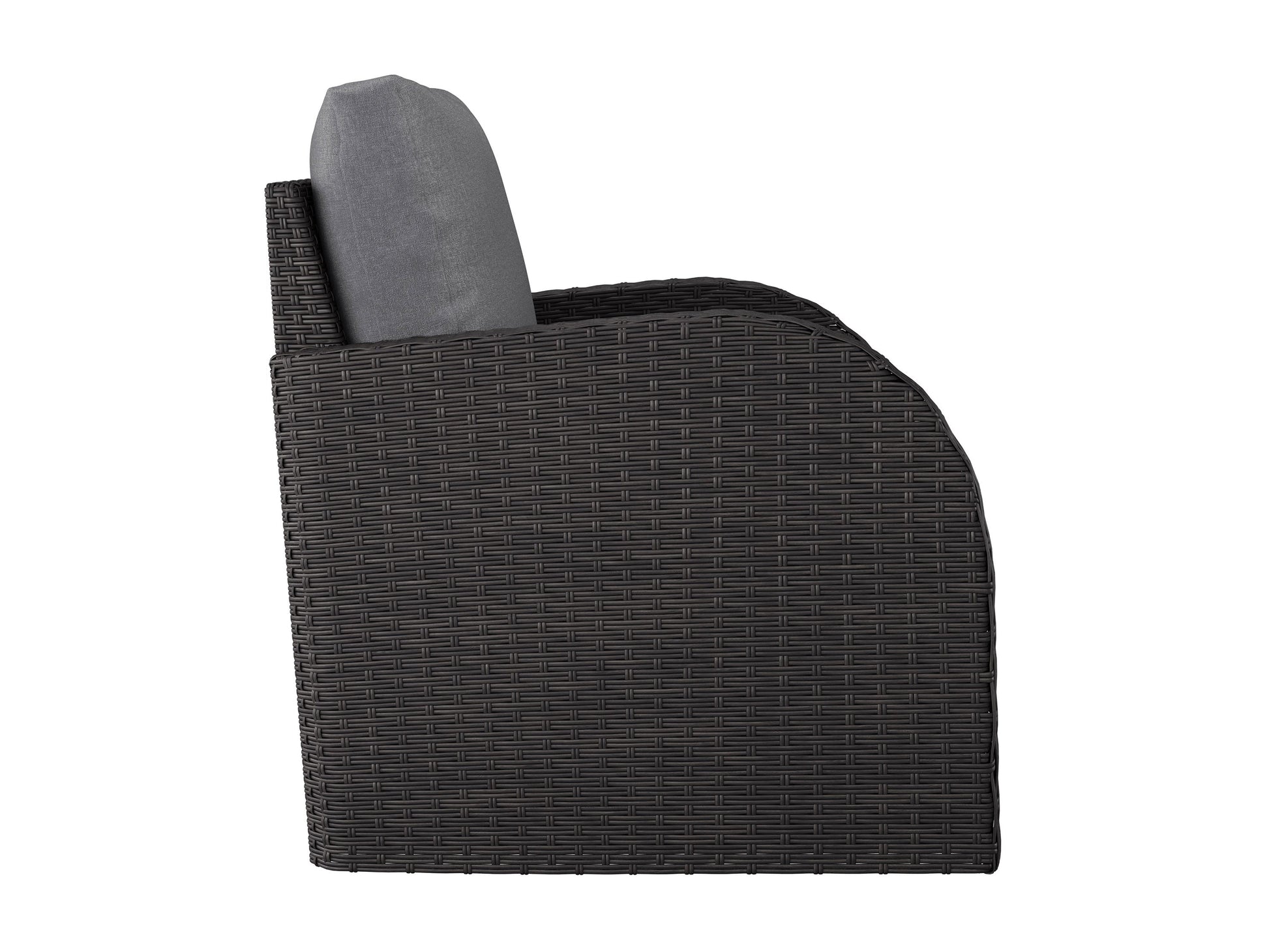 Grey outdoor wicker patio chair with curved armrests, sturdy aluminum frame, and comfortable cushion. Ideal for garden or balcony seating, featuring weather-resistant wicker and sleek, modern design.