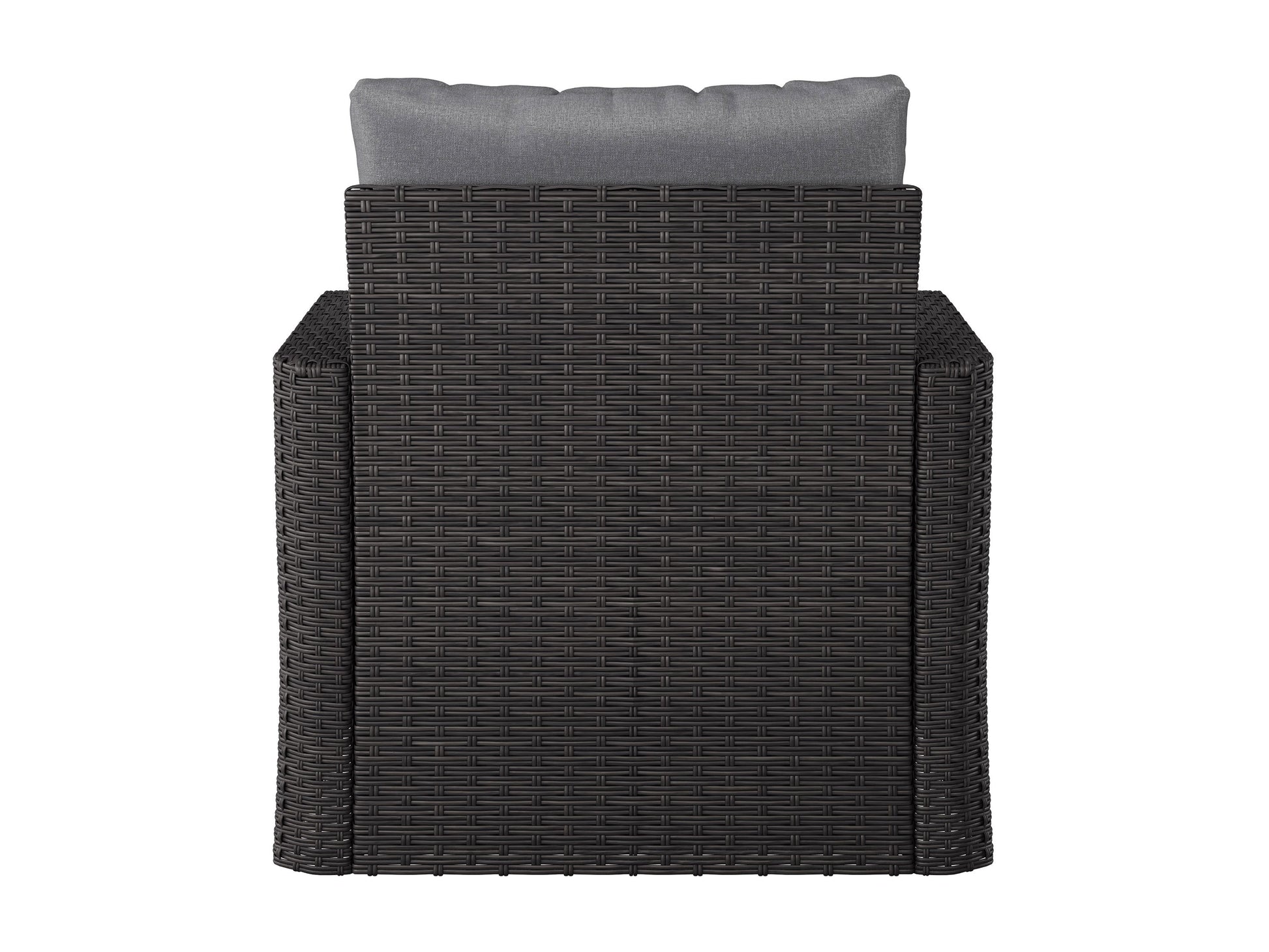 Grey outdoor wicker patio chair with curved armrests, sturdy aluminum frame, and comfortable cushion. Ideal for garden or balcony seating, featuring weather-resistant wicker and sleek, modern design.