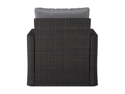 Grey outdoor wicker patio chair with curved armrests, sturdy aluminum frame, and comfortable cushion. Ideal for garden or balcony seating, featuring weather-resistant wicker and sleek, modern design.