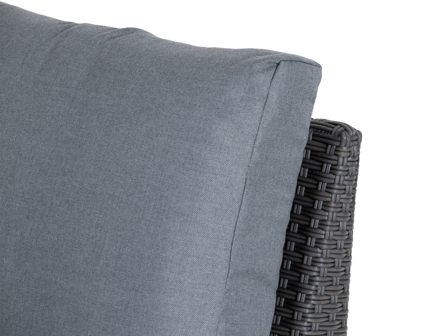 Grey outdoor sectional middle piece patio chair with weather-resistant wicker, plush grey cushions, and aluminum frame, ideal for modern outdoor seating arrangements.