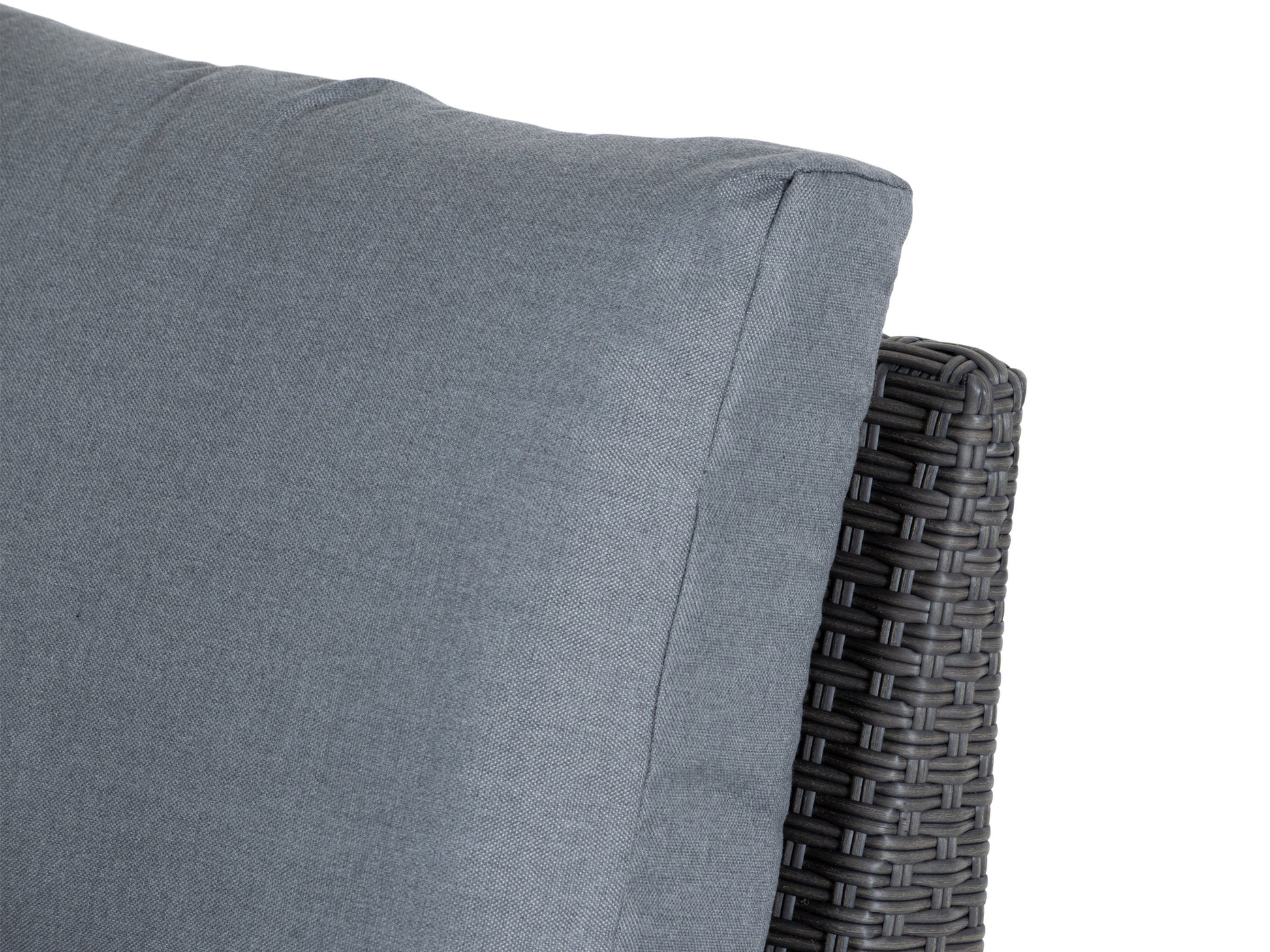 Grey outdoor sectional middle piece patio chair with weather-resistant wicker, plush grey cushions, and aluminum frame, ideal for modern outdoor seating arrangements.