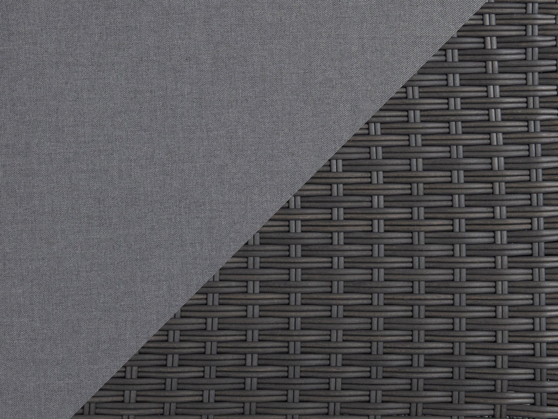 Grey outdoor sectional middle piece patio chair with weather-resistant wicker, plush grey cushions, and aluminum frame, ideal for modern outdoor seating arrangements.
