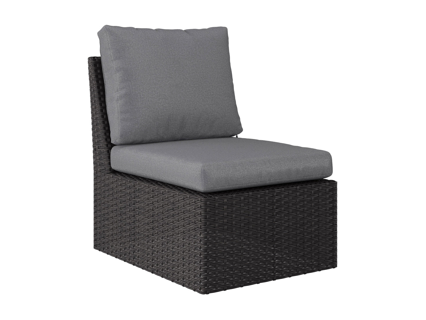 Grey outdoor sectional middle piece patio chair with weather-resistant wicker, plush grey cushions, and aluminum frame, ideal for modern outdoor seating arrangements.