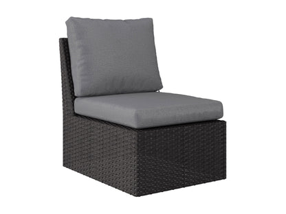 Grey outdoor sectional middle piece patio chair with weather-resistant wicker, plush grey cushions, and aluminum frame, ideal for modern outdoor seating arrangements.