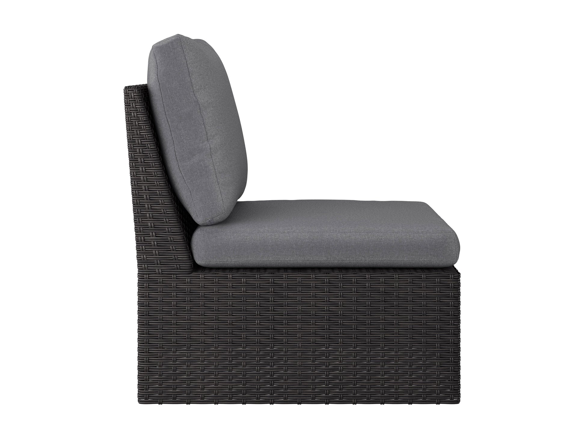 Grey outdoor sectional middle piece patio chair with weather-resistant wicker, plush grey cushions, and aluminum frame, ideal for modern outdoor seating arrangements.