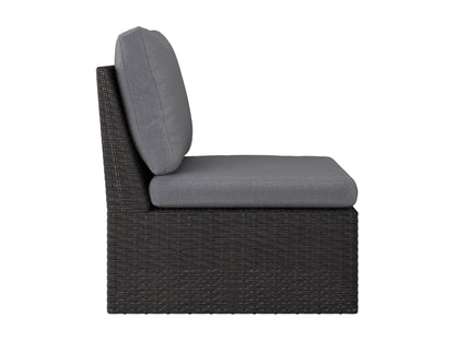 Grey outdoor sectional middle piece patio chair with weather-resistant wicker, plush grey cushions, and aluminum frame, ideal for modern outdoor seating arrangements.