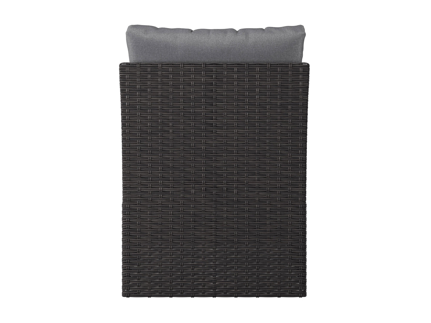 Grey outdoor sectional middle piece patio chair with weather-resistant wicker, plush grey cushions, and aluminum frame, ideal for modern outdoor seating arrangements.