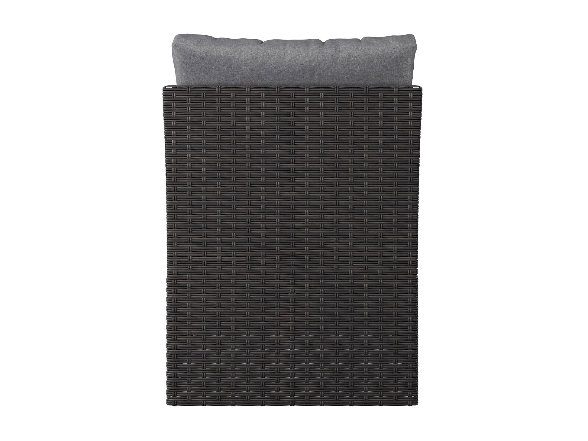 Grey outdoor sectional middle piece patio chair with weather-resistant wicker, plush grey cushions, and aluminum frame, ideal for modern outdoor seating arrangements.