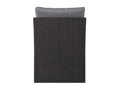 Grey outdoor sectional middle piece patio chair with weather-resistant wicker, plush grey cushions, and aluminum frame, ideal for modern outdoor seating arrangements.