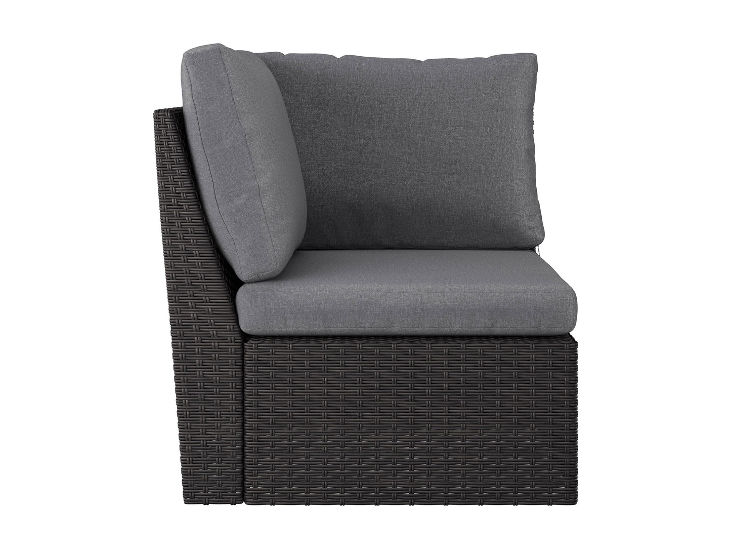 Grey outdoor sectional corner chair with weather-resistant cushions, sleek aluminum frame, and modern design. Ideal for patio or garden seating, offering comfort and durability for outdoor lounging.