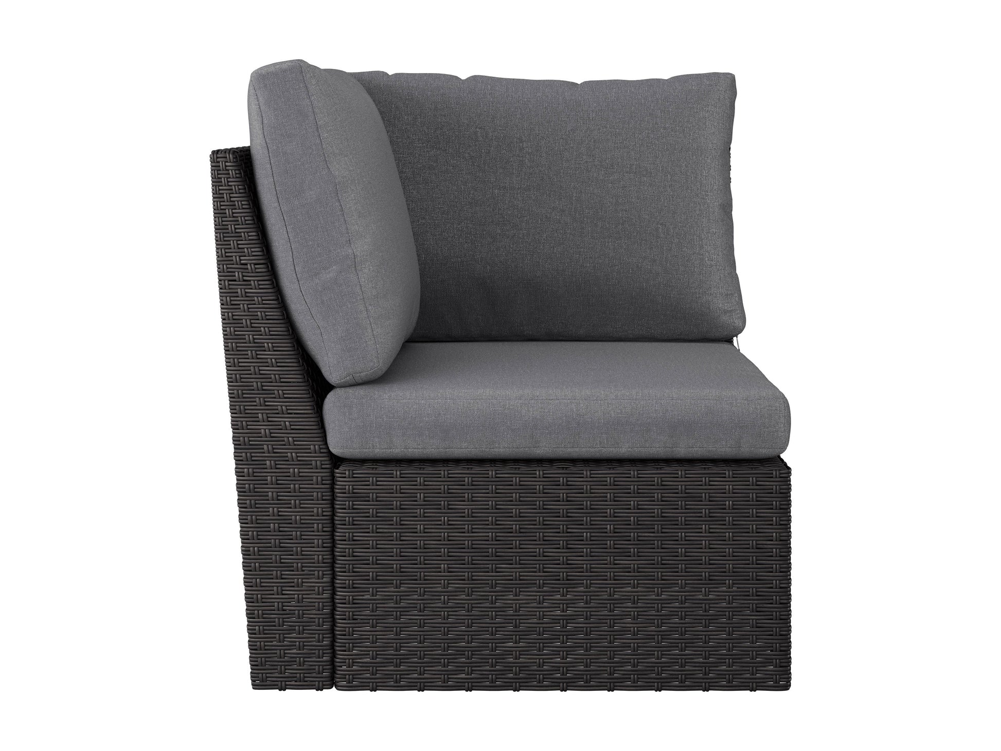 Grey outdoor sectional corner chair with weather-resistant cushions, sleek aluminum frame, and modern design. Ideal for patio or garden seating, offering comfort and durability for outdoor lounging.
