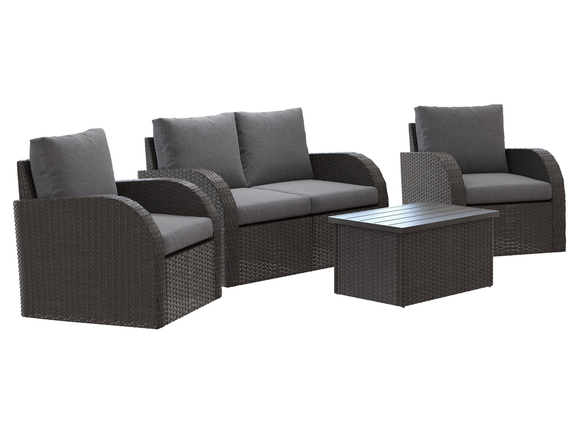 Grey outdoor loveseat set with cushions, featuring a modern design, durable wicker frame, and tempered glass coffee table, perfect for patio or garden lounging. Includes two chairs, loveseat, and side table.