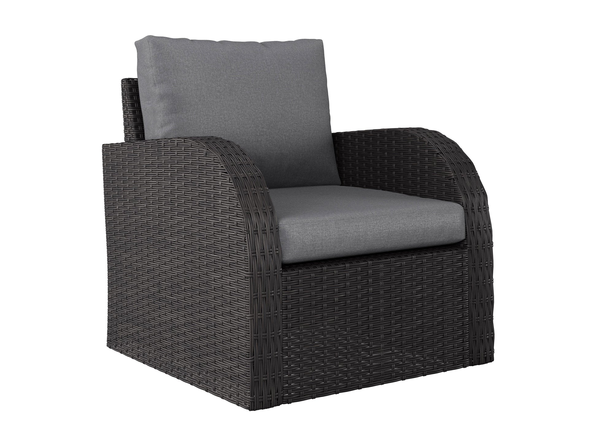 Grey outdoor loveseat set with cushions, featuring a modern design, durable wicker frame, and tempered glass coffee table, perfect for patio or garden lounging. Includes two chairs, loveseat, and side table.