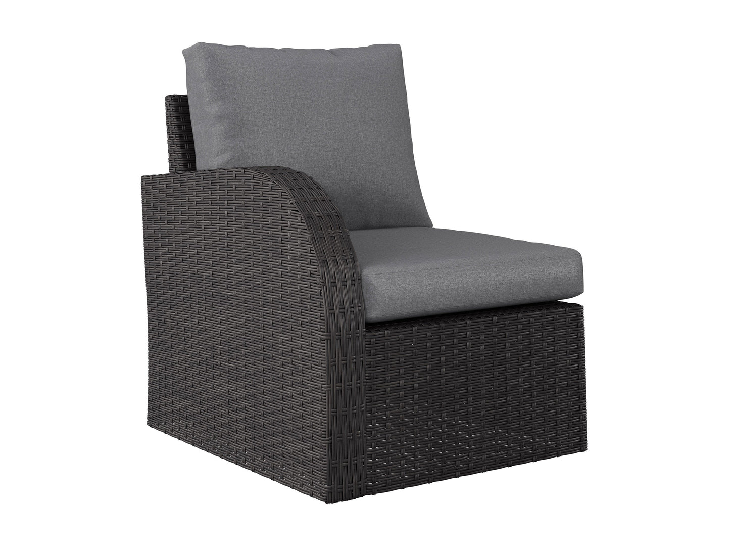 Grey outdoor loveseat set with cushions, featuring a modern design, durable wicker frame, and tempered glass coffee table, perfect for patio or garden lounging. Includes two chairs, loveseat, and side table.