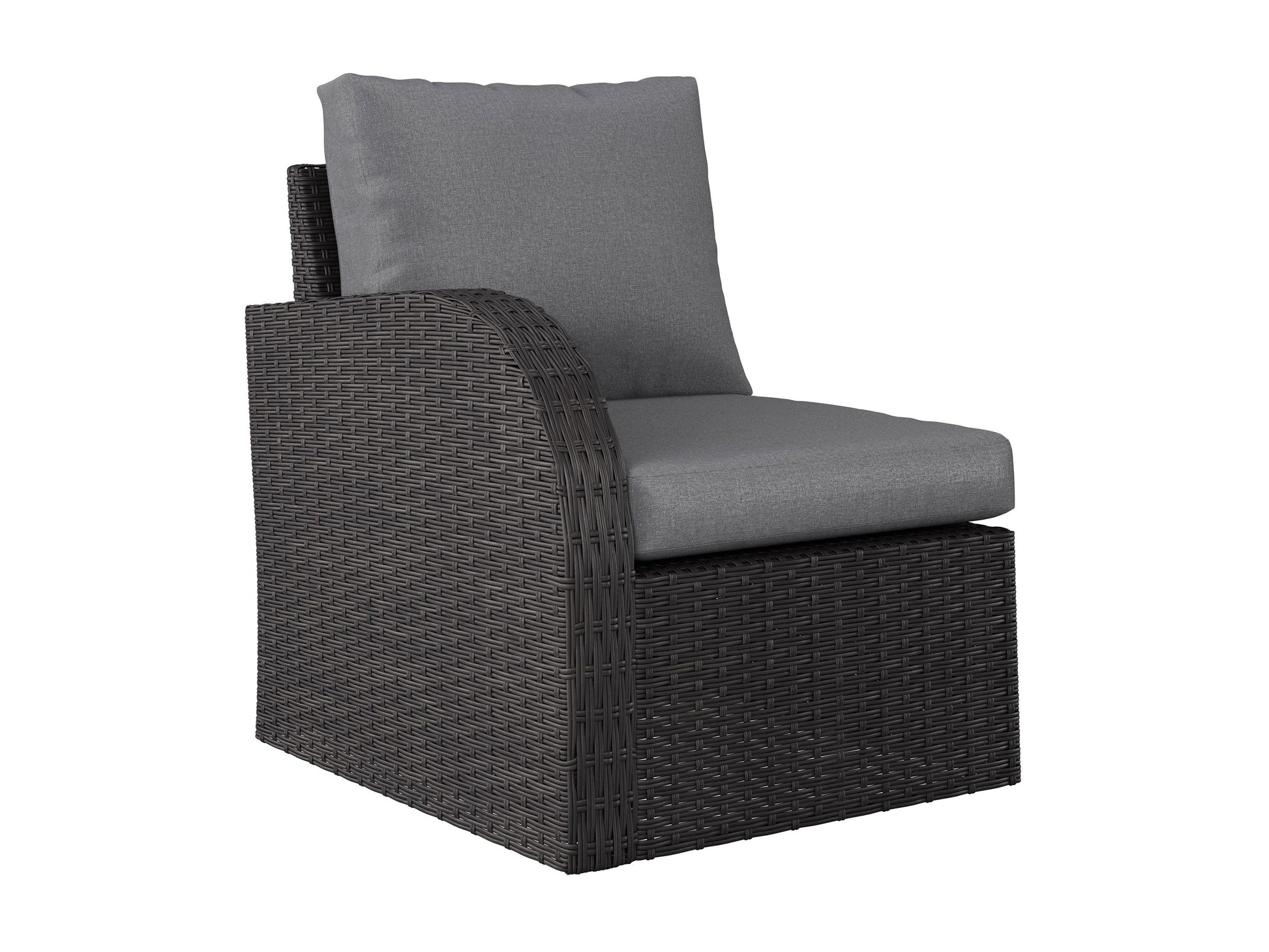 Grey outdoor loveseat set with cushions, featuring a modern design, durable wicker frame, and tempered glass coffee table, perfect for patio or garden lounging. Includes two chairs, loveseat, and side table.