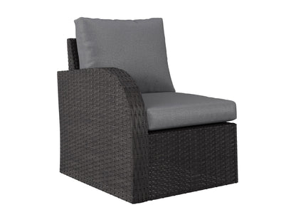 Grey outdoor loveseat set with cushions, featuring a modern design, durable wicker frame, and tempered glass coffee table, perfect for patio or garden lounging. Includes two chairs, loveseat, and side table.