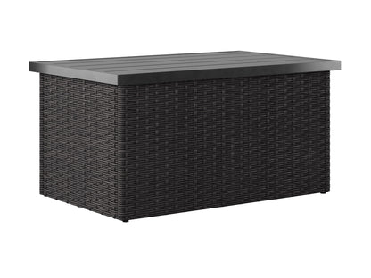 Grey outdoor loveseat set with cushions, featuring a modern design, durable wicker frame, and tempered glass coffee table, perfect for patio or garden lounging. Includes two chairs, loveseat, and side table.