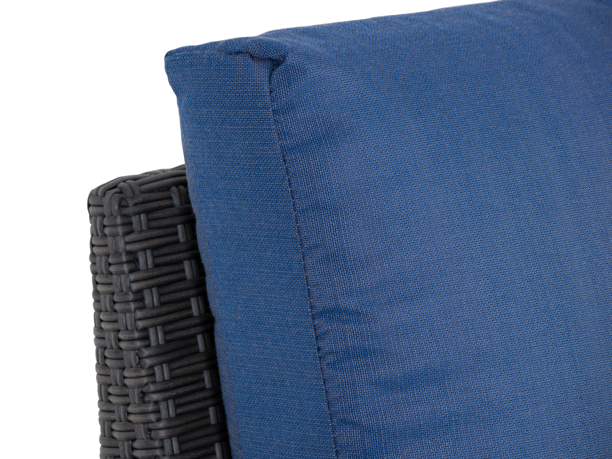 Blue outdoor sectional patio chair with left armrest, featuring weather-resistant fabric, sturdy metal frame, and plush cushions for comfort. Ideal for modern patio settings and relaxing outdoor spaces.