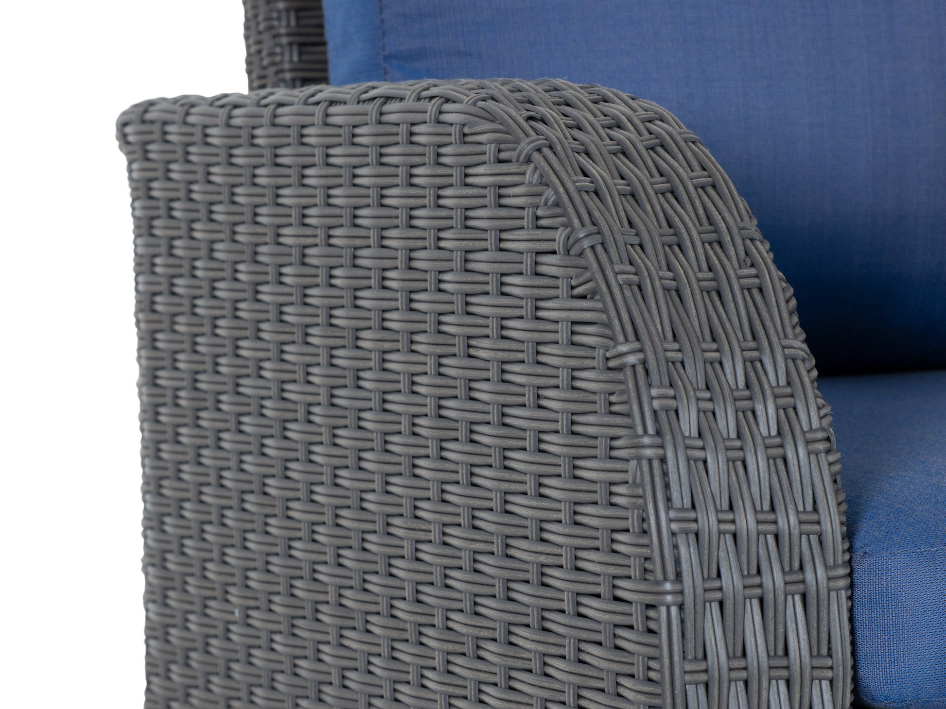 Blue outdoor sectional patio chair with left armrest, featuring weather-resistant fabric, sturdy metal frame, and plush cushions for comfort. Ideal for modern patio settings and relaxing outdoor spaces.