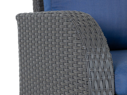 Blue outdoor sectional patio chair with left armrest, featuring weather-resistant fabric, sturdy metal frame, and plush cushions for comfort. Ideal for modern patio settings and relaxing outdoor spaces.