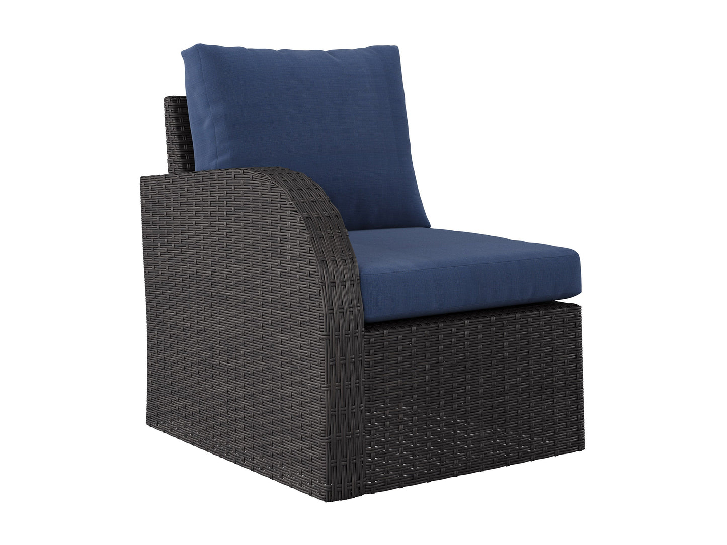 Blue outdoor sectional patio chair with left armrest, featuring weather-resistant fabric, sturdy metal frame, and plush cushions for comfort. Ideal for modern patio settings and relaxing outdoor spaces.