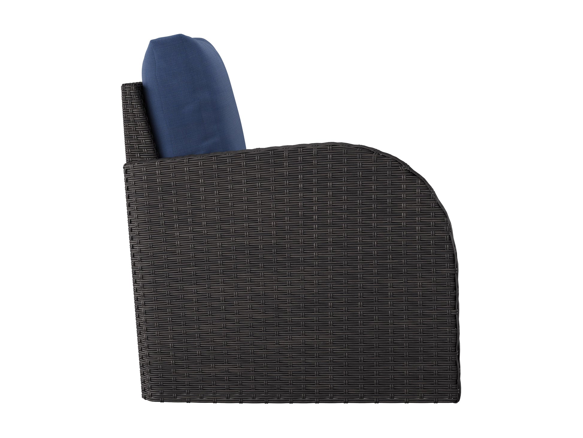 Blue outdoor sectional patio chair with left armrest, featuring weather-resistant fabric, sturdy metal frame, and plush cushions for comfort. Ideal for modern patio settings and relaxing outdoor spaces.