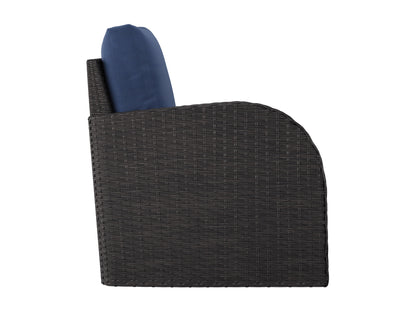 Blue outdoor sectional patio chair with left armrest, featuring weather-resistant fabric, sturdy metal frame, and plush cushions for comfort. Ideal for modern patio settings and relaxing outdoor spaces.