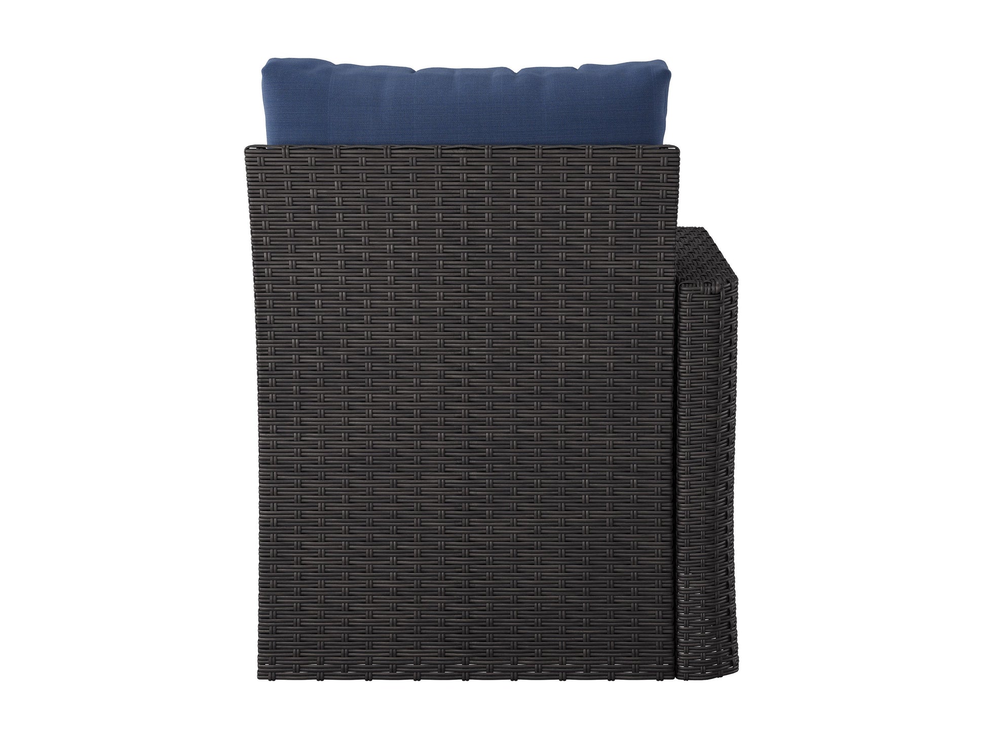 Blue outdoor sectional patio chair with left armrest, featuring weather-resistant fabric, sturdy metal frame, and plush cushions for comfort. Ideal for modern patio settings and relaxing outdoor spaces.
