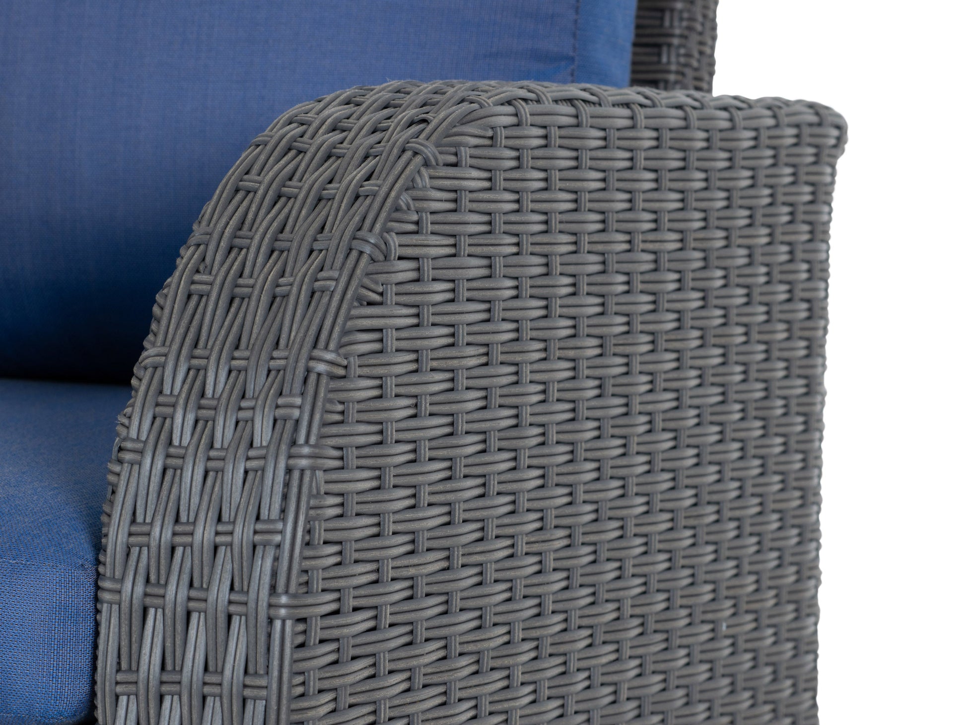 Blue outdoor sectional patio chair with right armrest, featuring weather-resistant cushions and a sturdy aluminum frame. Ideal for comfortable and stylish outdoor seating in gardens, patios, or decks.