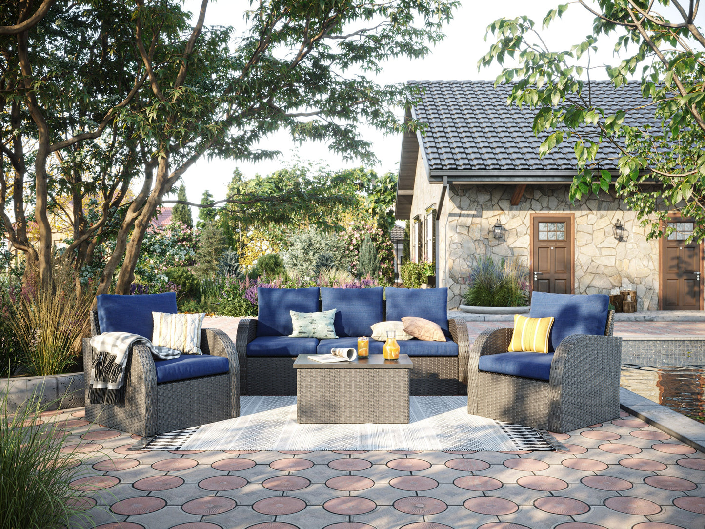 Blue outdoor sectional patio chair with right armrest, featuring weather-resistant cushions and a sturdy aluminum frame. Ideal for comfortable and stylish outdoor seating in gardens, patios, or decks.