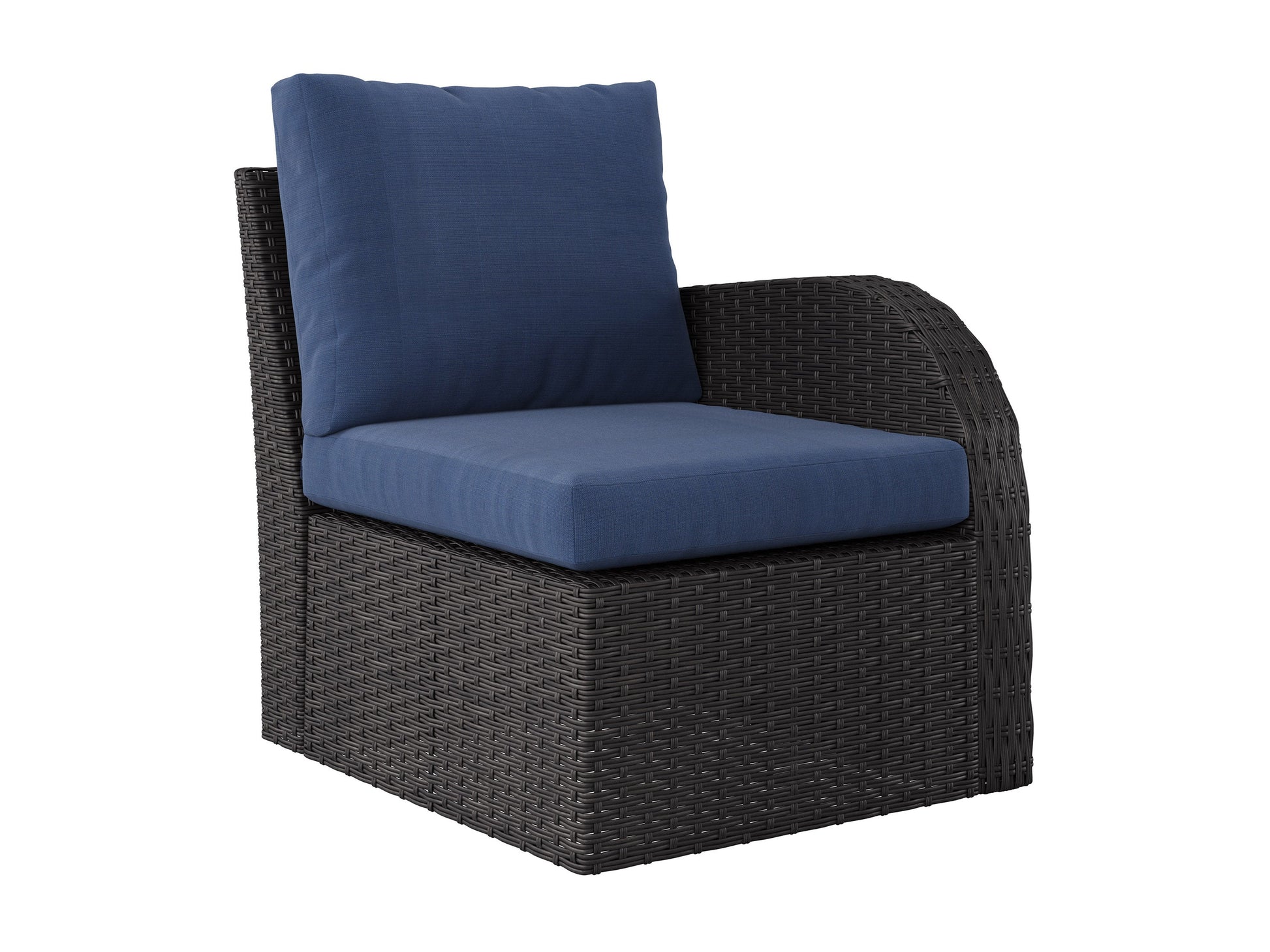 Blue outdoor sectional patio chair with right armrest, featuring weather-resistant cushions and a sturdy aluminum frame. Ideal for comfortable and stylish outdoor seating in gardens, patios, or decks.